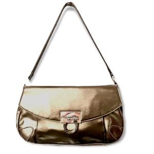 Vintage copper faux leather flap front metallic buckled latch shoulder bag